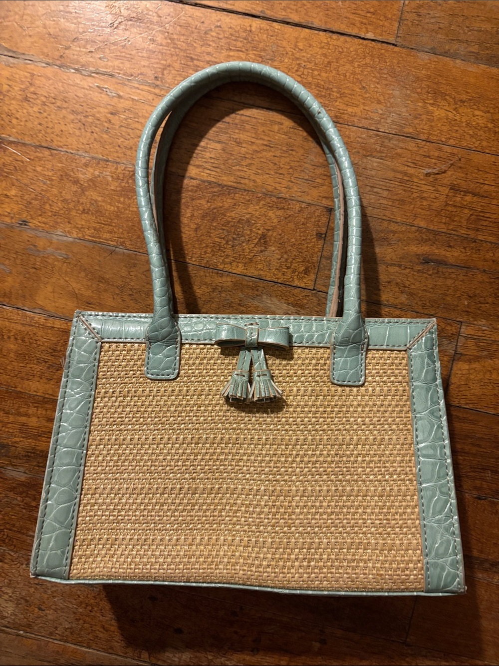 Liz Claiborne Straw Mini Tote with Mint Trim and Tassel